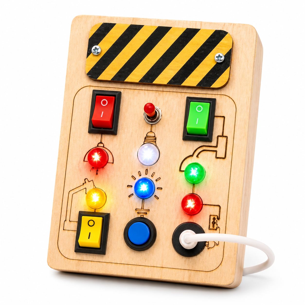 SHINETOY Wooden Busy Board Sensory Toy – Power Control Panel with LED Indicators, Toggle Switches & Big Push Button | Learn Electricity & Circuits | Safe & Fun Gift for Boys & Girls-image-23
