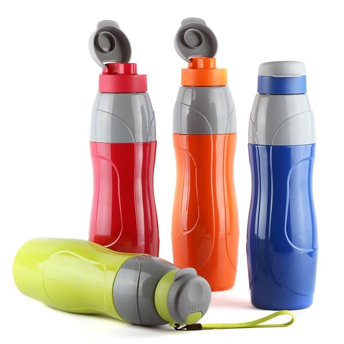 CELLO Puro Sports 600 | Plastic Water Bottle | Leak Proof & Handy and Durable | Set of 4 | 520 ml Each, Assorted