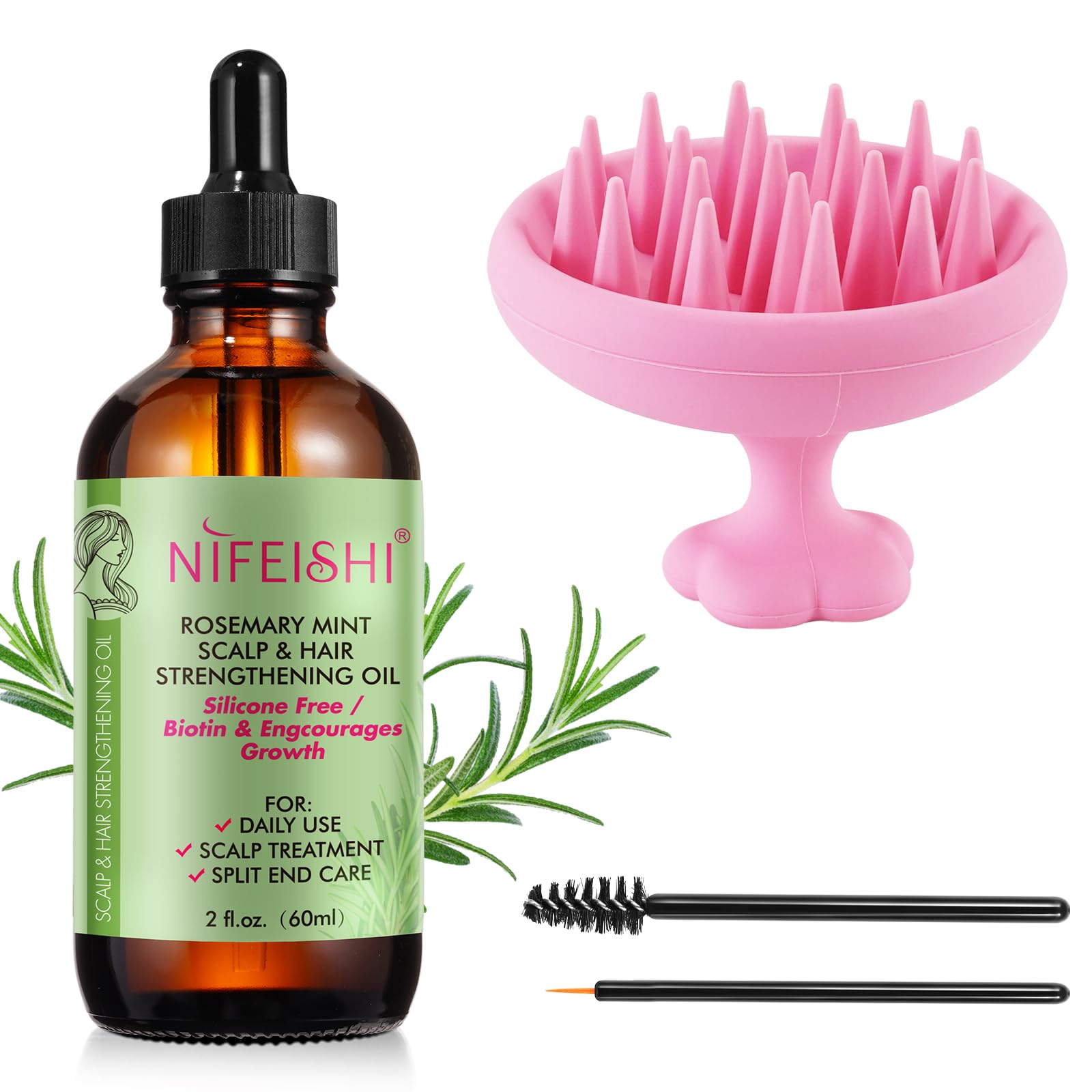 Aceite de romero para el cabello, 60 ml, aceite de romero para el cabello, con masaje del cuero cabelludo, 100% aceite de romero puro para el crecimiento de cejas y pestañas, piel seca, nutre el cuero