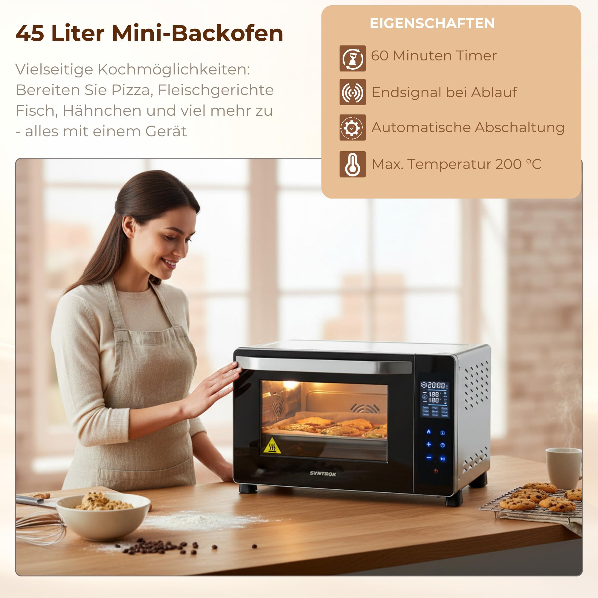 Syntrox Germany 45 l Kleiner Mini Backofen Montox | Miniofen | Pizzaofen | Pizzabackofen, inklusive Zubehör. 2000 Watt, integrierter Timer, für kleine Küchen