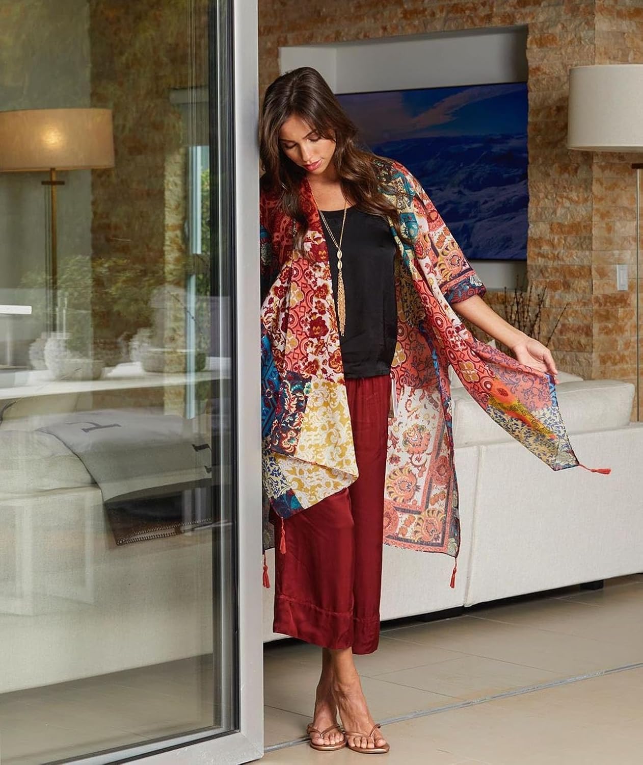 Moss Rose Women's Beach Cover up Swimsuit Kimono with Bohemian Floral Print, Loose Casual Resort Wear - Image 2