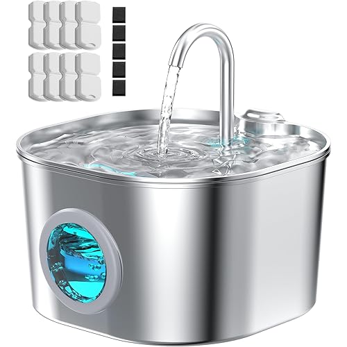 Cat Water Fountain with 8 Filters + 5 Sponges,Small Pet Waterer Dispenser Fountains for Drinking Cats Indoor Metal Automatic Waterer Bowl 24/7 Running Auto Kitty Watering Supplies Quiet Pump