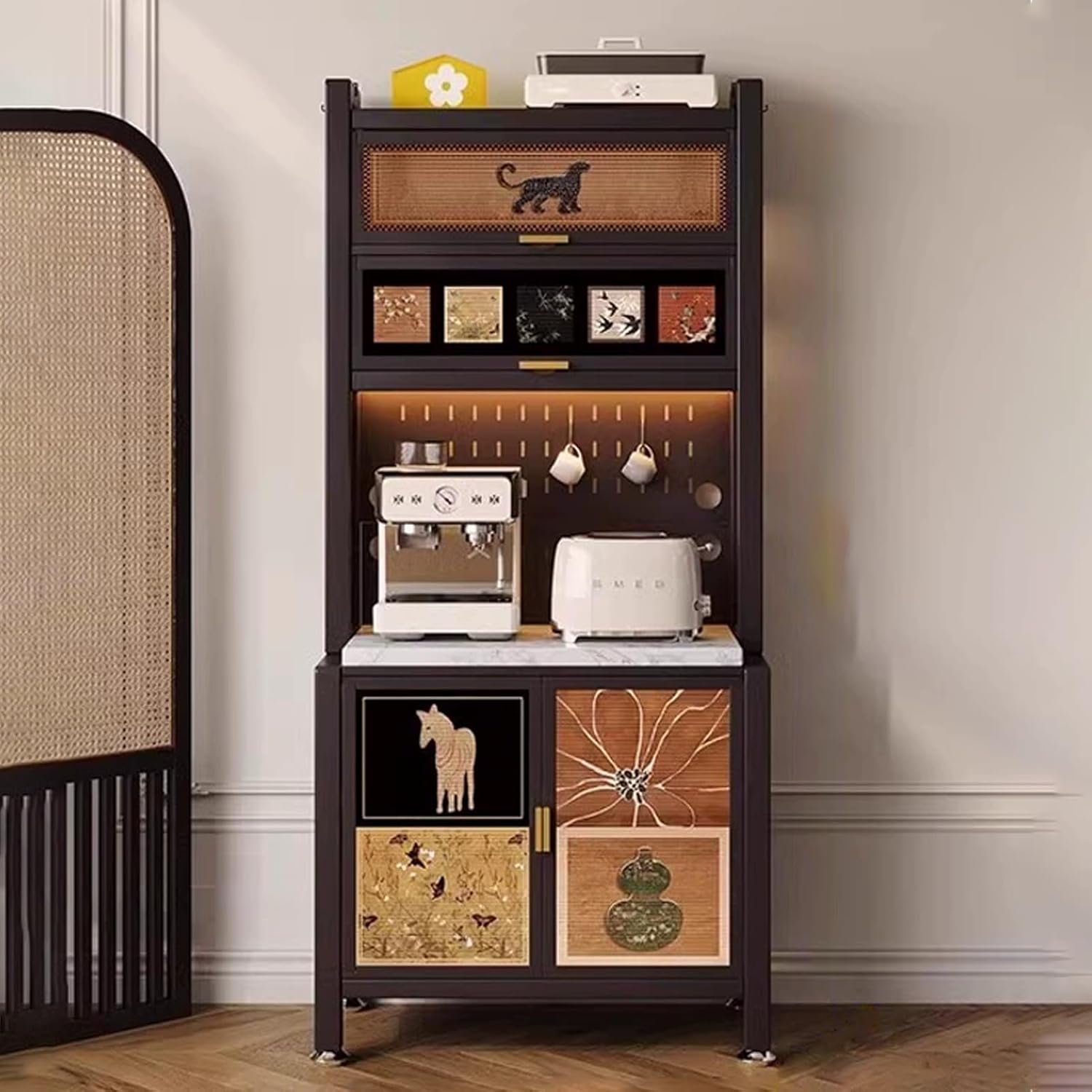 JKGHK Buffet Cabinet, Kitchen Sideboard Cabinet, Metal Pantry Storage Cabinets Buffet with Pegboard, Tall Hutch Cupboard with Adjustable Shelf, for Home, Coffee Bar(100cm/39.3in)