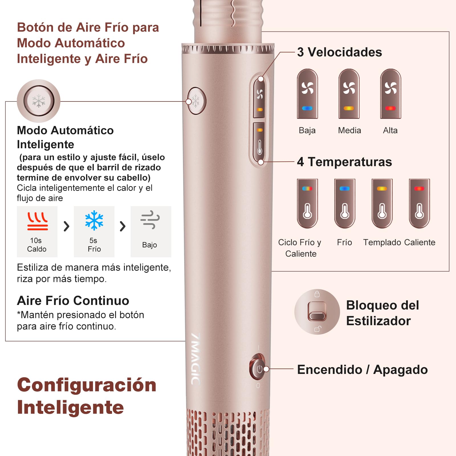 7MAGIC 7 en 1 Moldeador Pelo Aire, Cepillo Secador de Pelo Iónico, Rizador Automático, con Tecnología Coanda y Estuche de Viaje