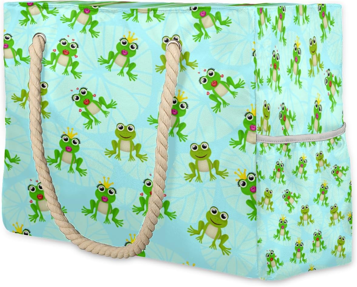 Frogs Cartoon Beach Bag for Women Waterproof Sandproof Tote with Zipper Cotton Rope Handles for Travel Pool Gym Shopping