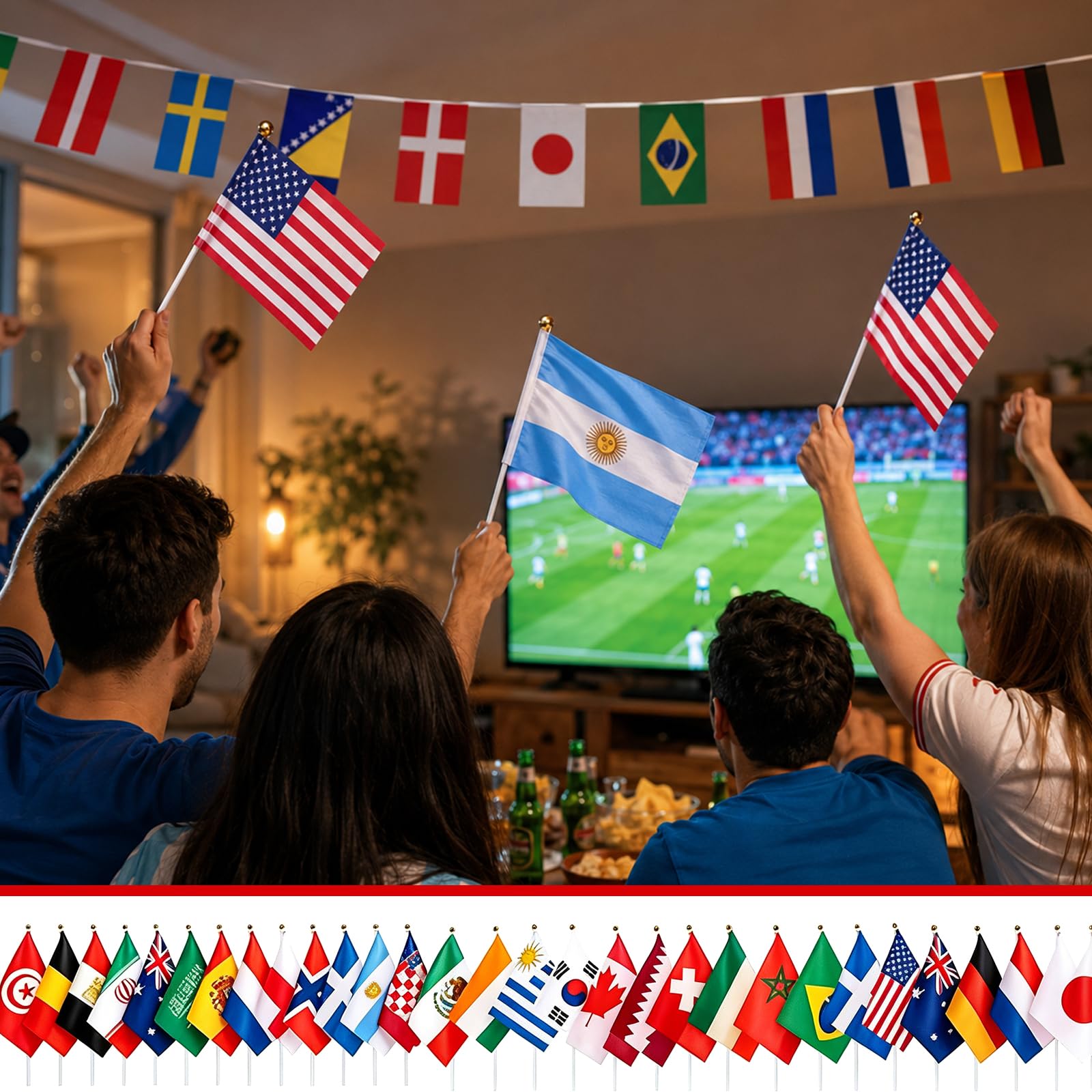 Drapeau pour Coupe du Monde Décorations 2026, 48 Drapeaux du Coupe du Monde Bunting, 48 Petits Fanions de Pays pour Coupe du Monde de Football avec Mât, Maison, Bar, Déco de Football Fête