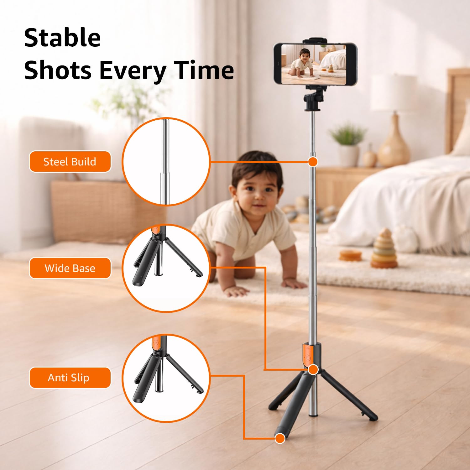 amazon basics Bluetooth-Enabled Extendable Selfie Stick/Tripod with Wireless Remote, 360-Degree Adjustable, Compatible with iPhone and Android Smart Phones (Black) 2