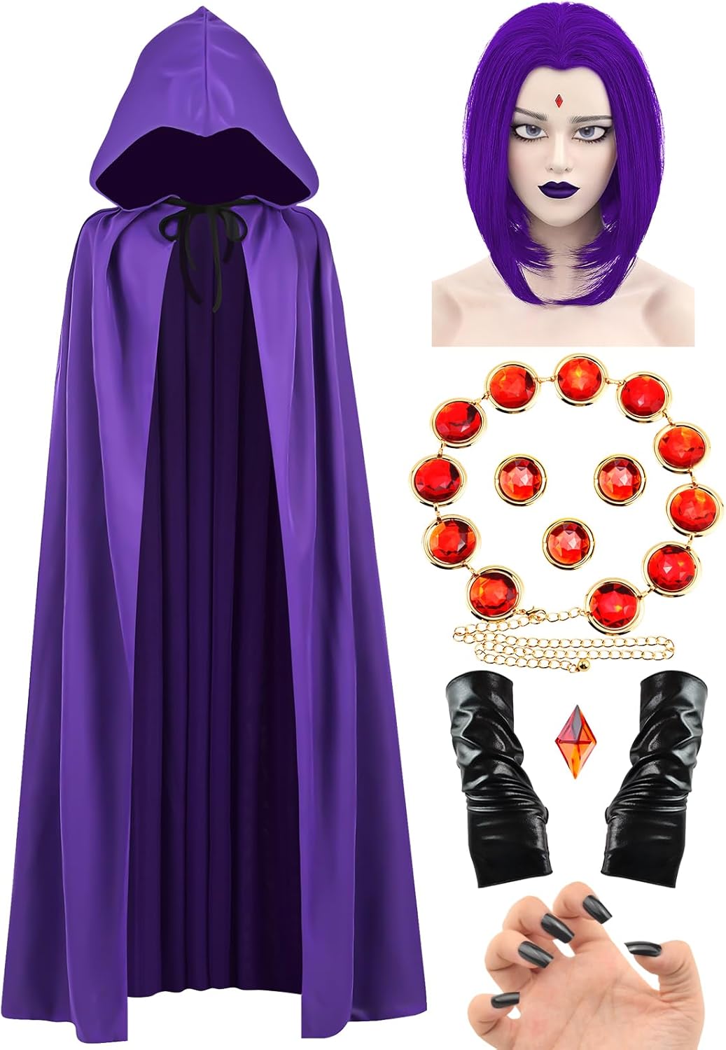 Product Review for Halloween Costumes for Women, Purple Cape, Anime Cosplay Hooded Cloak, Purple Anime Wig, Adjustable Red Stones Waist Belt, Faux Leather Gloves, Womens Anime Costumes Props Set, with the price of : ,Based on the following description : , and and average Review : 4.7 out of 5, and the following summary of users reviews: