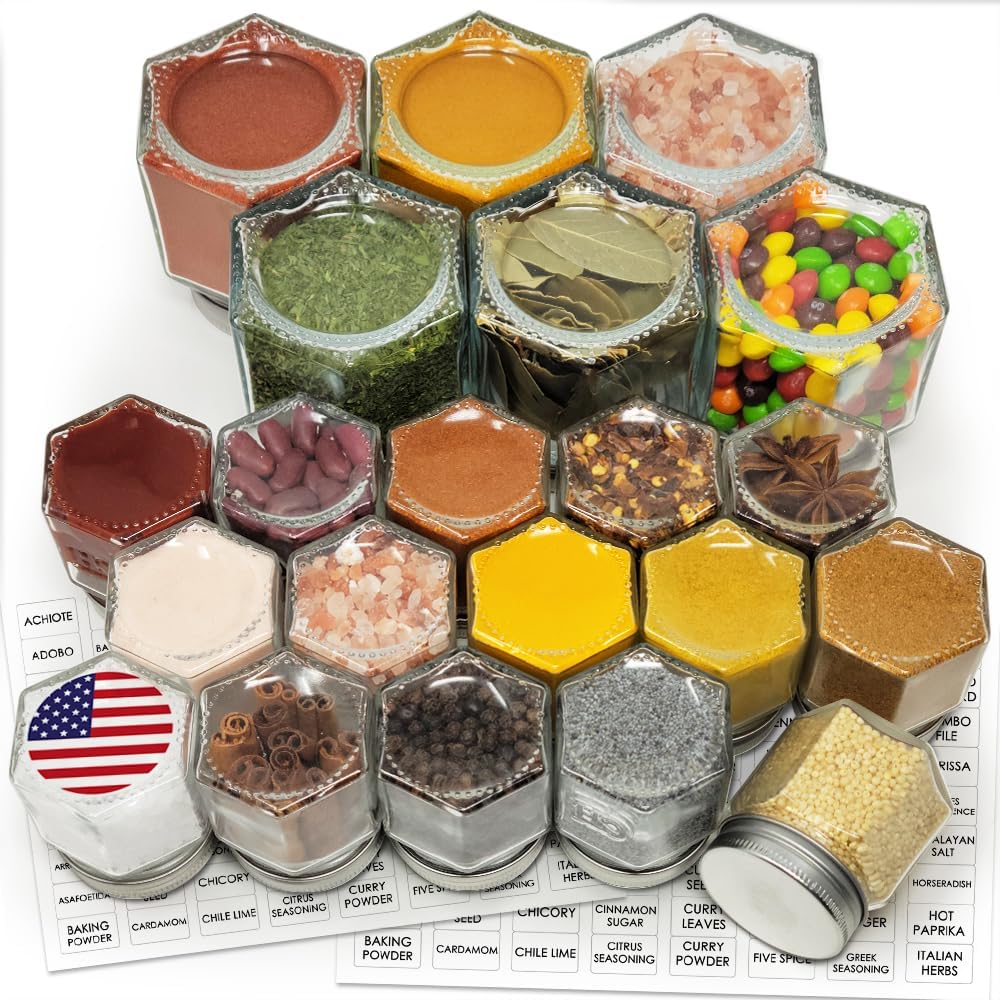 Magnetic Spice Jars Combo Pack 21 Set (6 Large 4 oz + 15 Small 2 oz) Refrigerator Hexagon Glass Spice Jar Magnetic Lid Shaker Spice Labels Magnetic Glass Spice Containers for RV Kitchen Fridge Cabinet