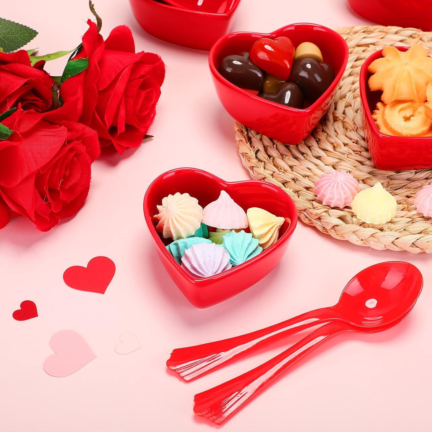 Suclain 12 Pcs Valentine‘s Day Heart Shaped Ceramic Bowls Mini Heart Sauce Dish Bowl Pudding Bowl Microwave Oven Safe Cake Bowls with 20 Plastic Spoon for Valentine‘s Day Party Supplies(Red)