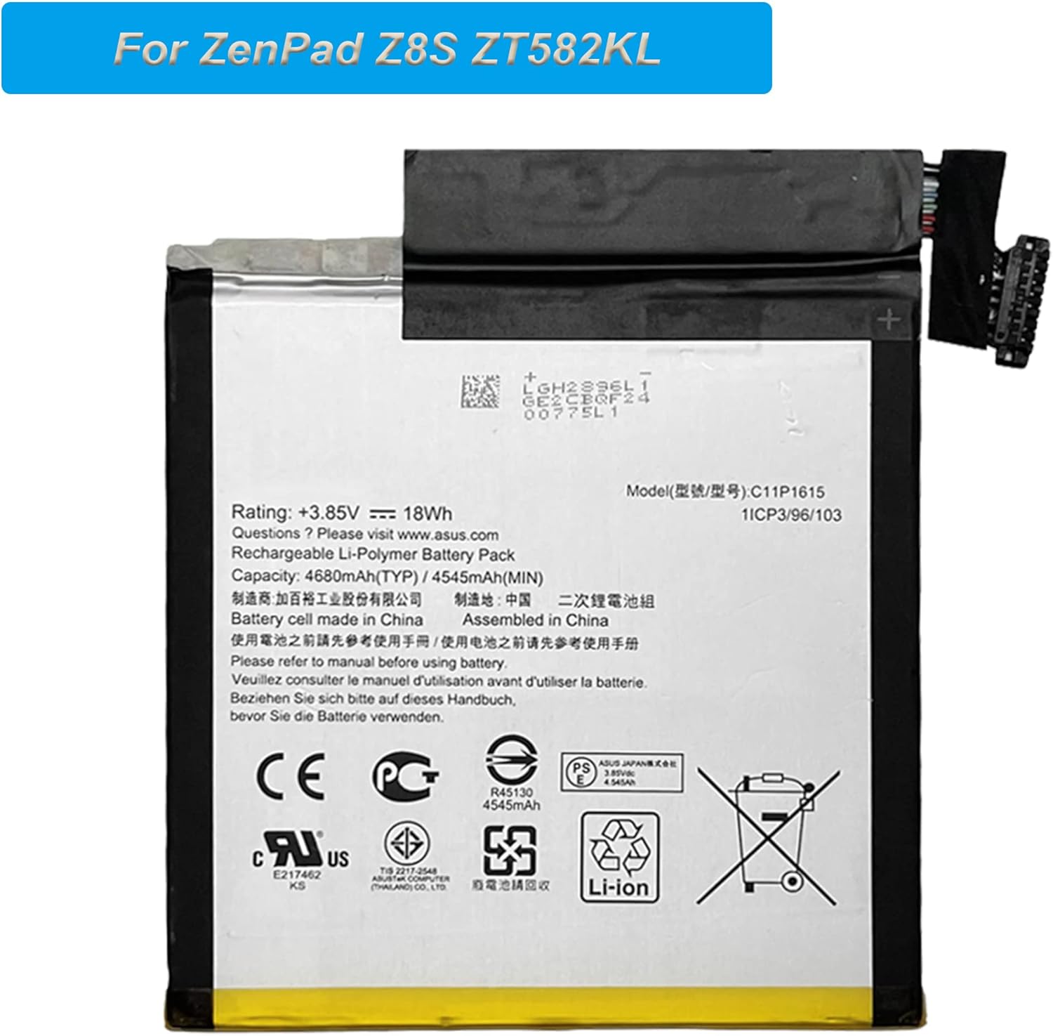 Replacement Battery C11P1615 Compatible with Asus ZenPad Z8S ZT582KL P00J Tool with Tools