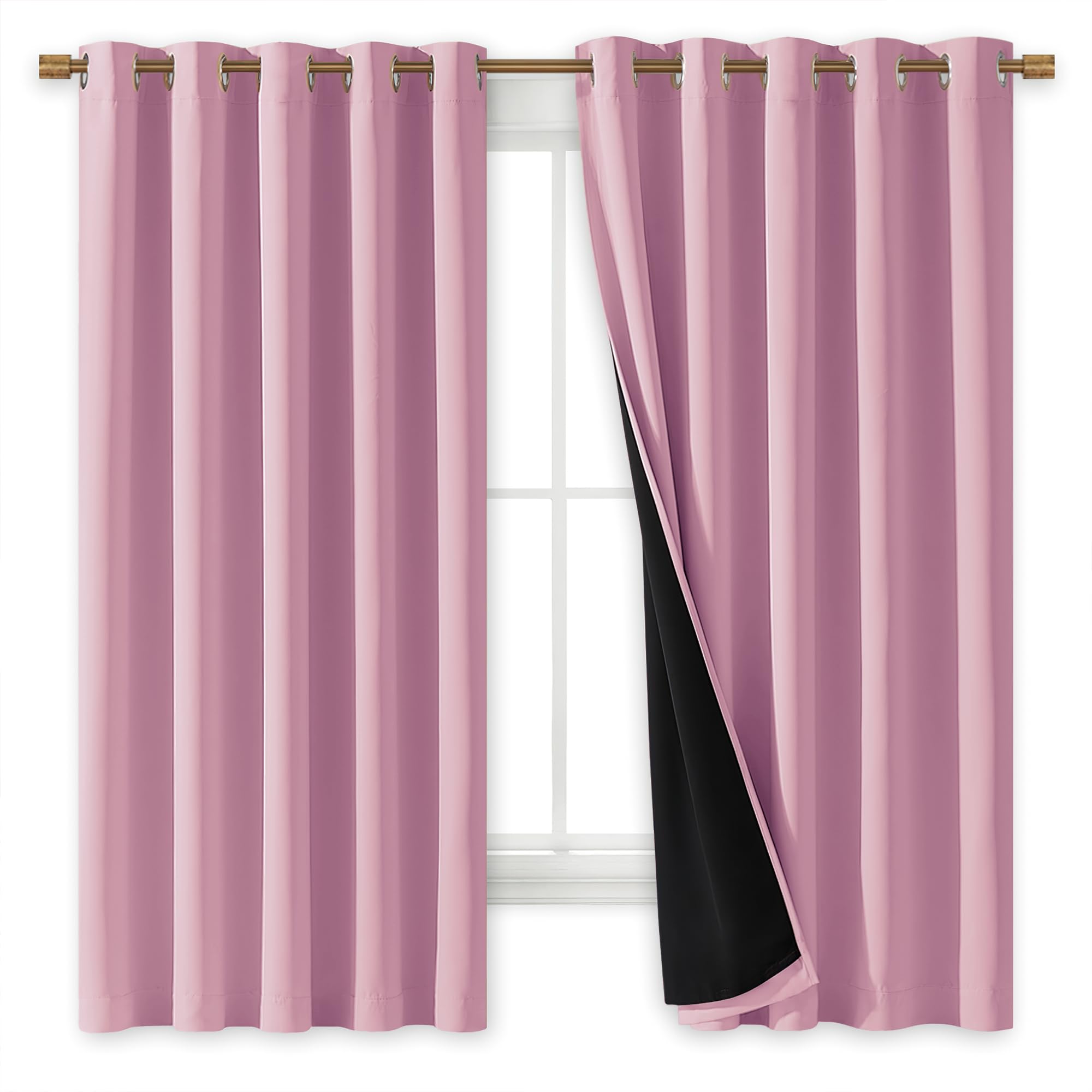 NICETOWN 100% Blackout Curtains with Black Liners, Thermal Insulated Full Blackout 2-Layer Lined Drapes, Energy Efficiency Window Draperies for Bedroom (Crystal Pink, 2 Panels, 70-inch W by 63-inch L)