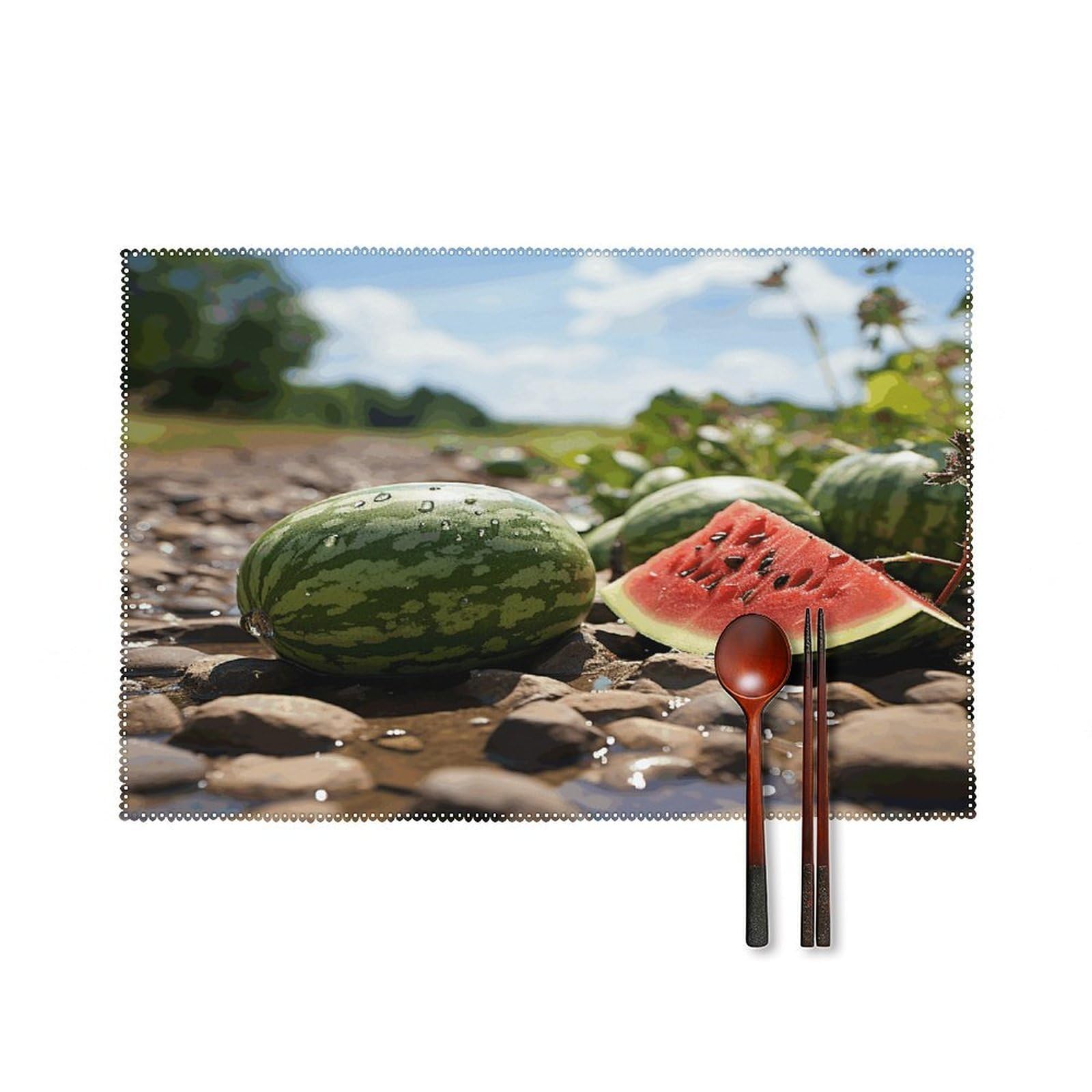 Watermelon on The Ground Placemats Set of 4 Heat Resistant Non-Slip Place Mats for Dining Table Washable Placemat Wipeable Dining Table Mat Canvas Place Mats Dining Table Decor