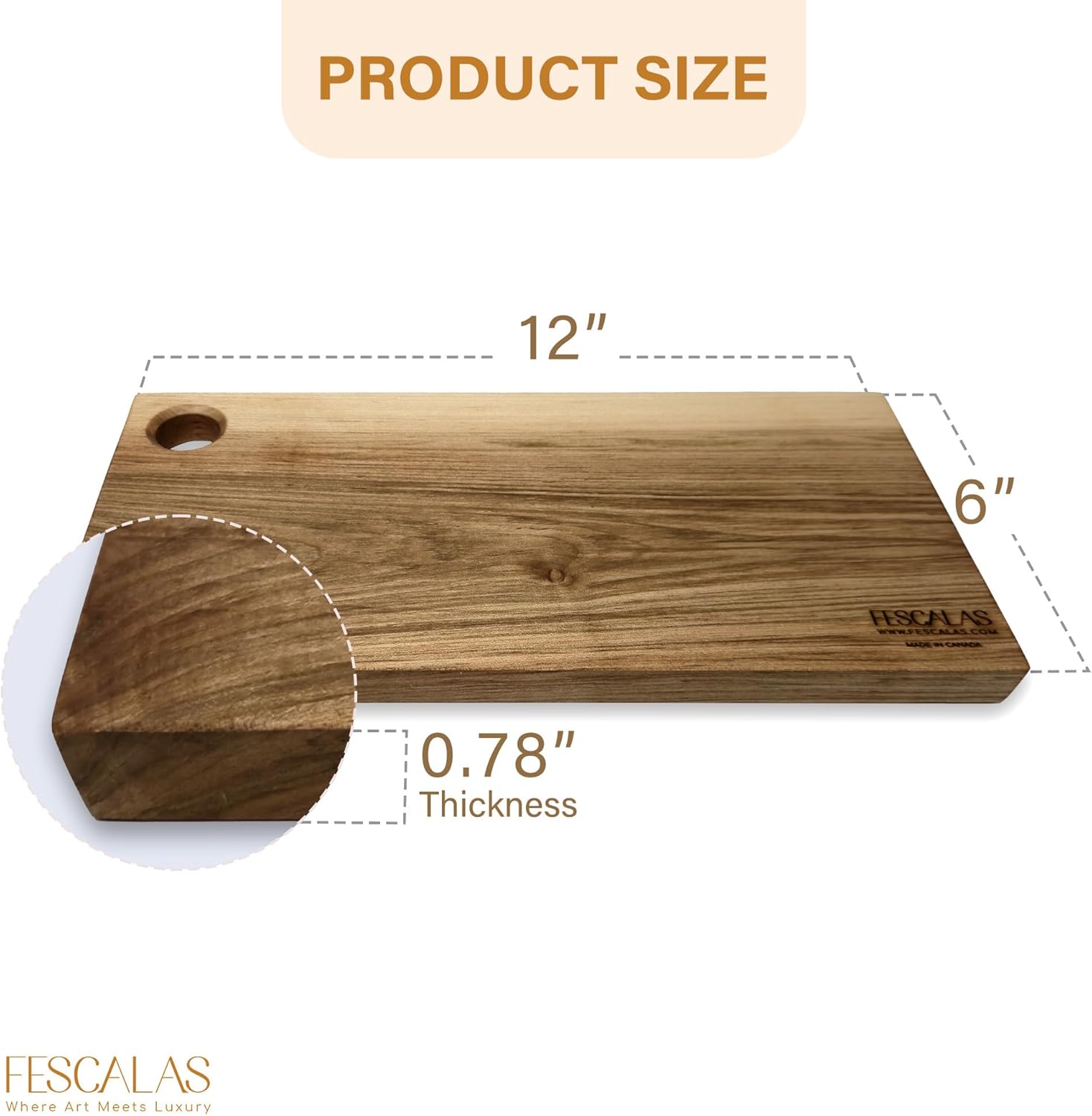 Handmade Maple Wood Serving/Cutting Board for Kitchen, Durable Wooden Chopping Board for Meat, Vegetables, Bread & Cheese, 12" x 6" (Natural Maple)