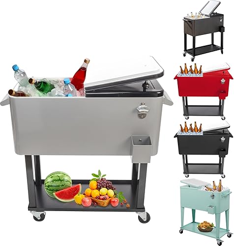 SEALAMB Carro enfriador con ruedas de 80 cuartos de galón con ruedas, baúl portátil con abridor de botellas y estante, carrito de bebidas al aire