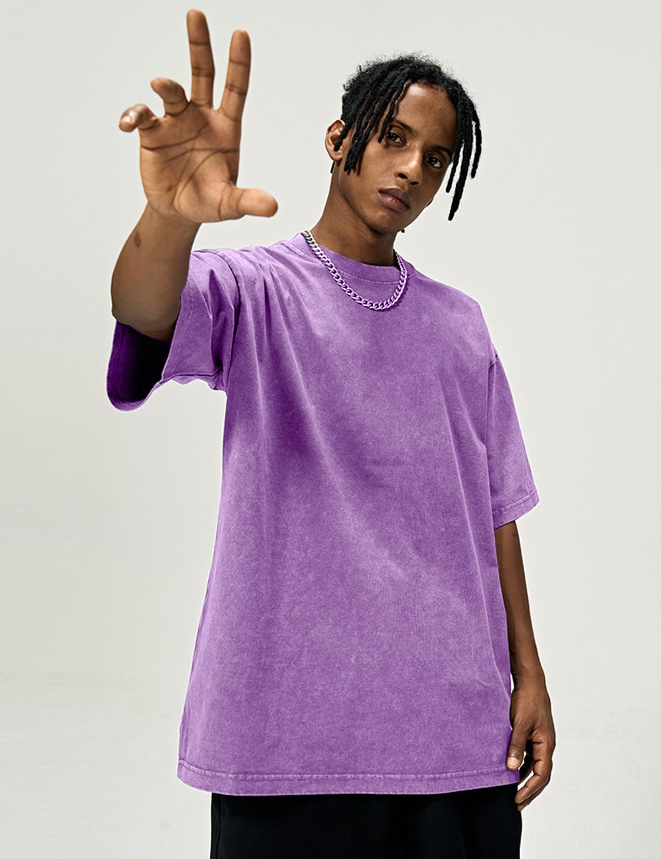 Eisctnd Camisetas de Gran tamaño para Hombre, 3 Piezas, Unisex, Vintage, de algodón Lavado con ácido sólido, Estilo Casual, Estilo Hip Hop, Negro, Morado y Gris, S