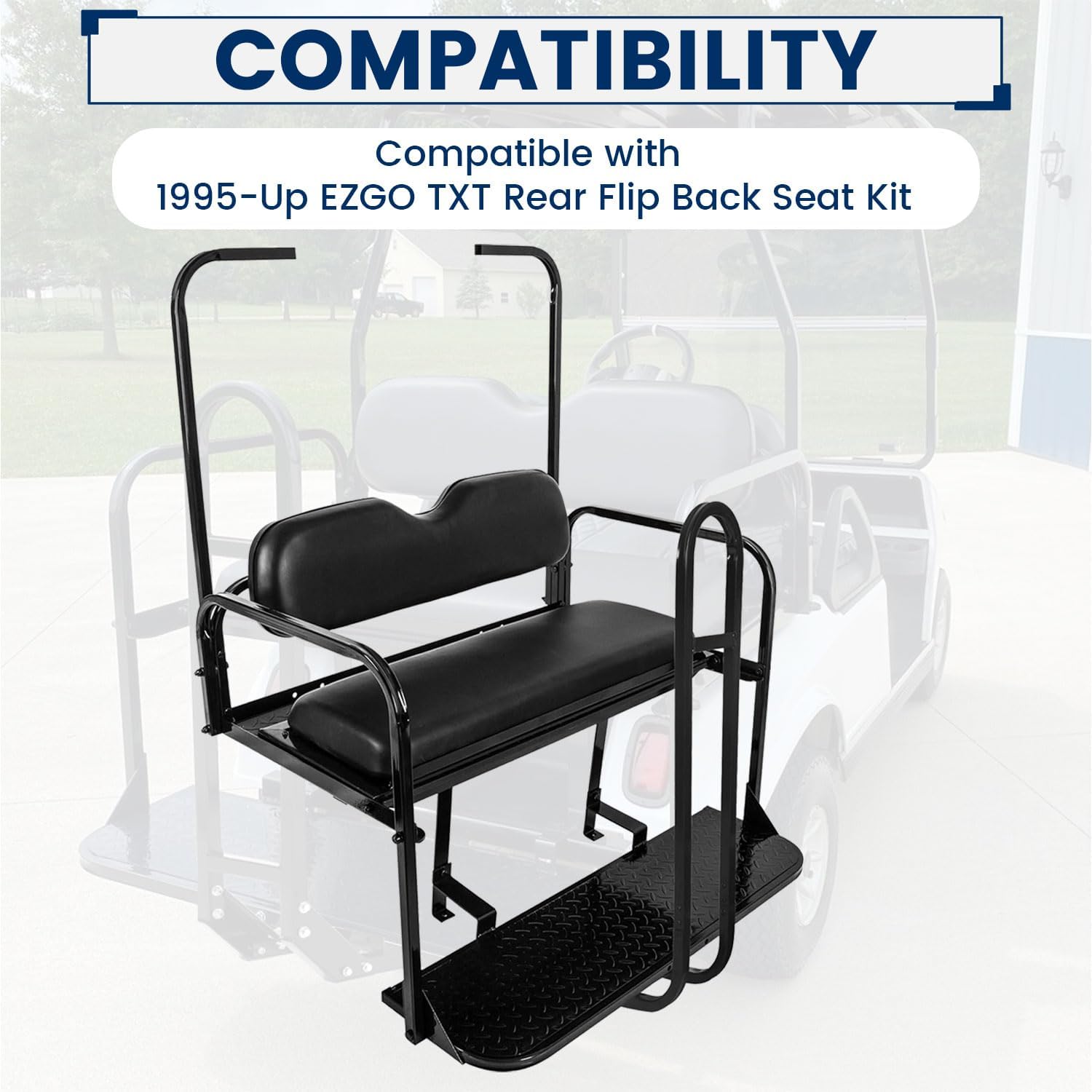 KUAFU Golf Cart Flip Back Seat Compatible with 1994.5-Up EZGO TXT with Handle Bar Roof Support Rear Seat Black (Delivered in 3 Packages)