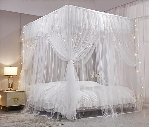 Miniatura 6 de VETHIN Cortina de cama de princesa con volantes de 4 esquinas, doble capa, acogedora red mosquitera de 4 aperturas para niñas y adultos, decoración