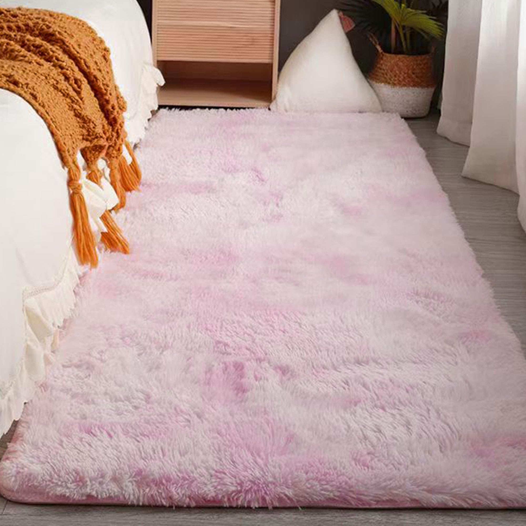 Tapis salon shaggy 180 x 180 cm rose clair à poil long pour chambre