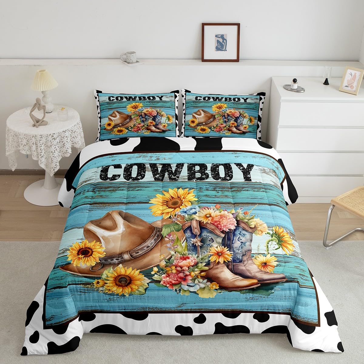 Homemissing Sunflowers Down Comforter Set King Size,Vintage Sunflower Bedding Set Kids Toddler Western Cowboy Boots and Hat Down Comforter Western Duvet Insert/Quilt Set Microfiber Bed Set