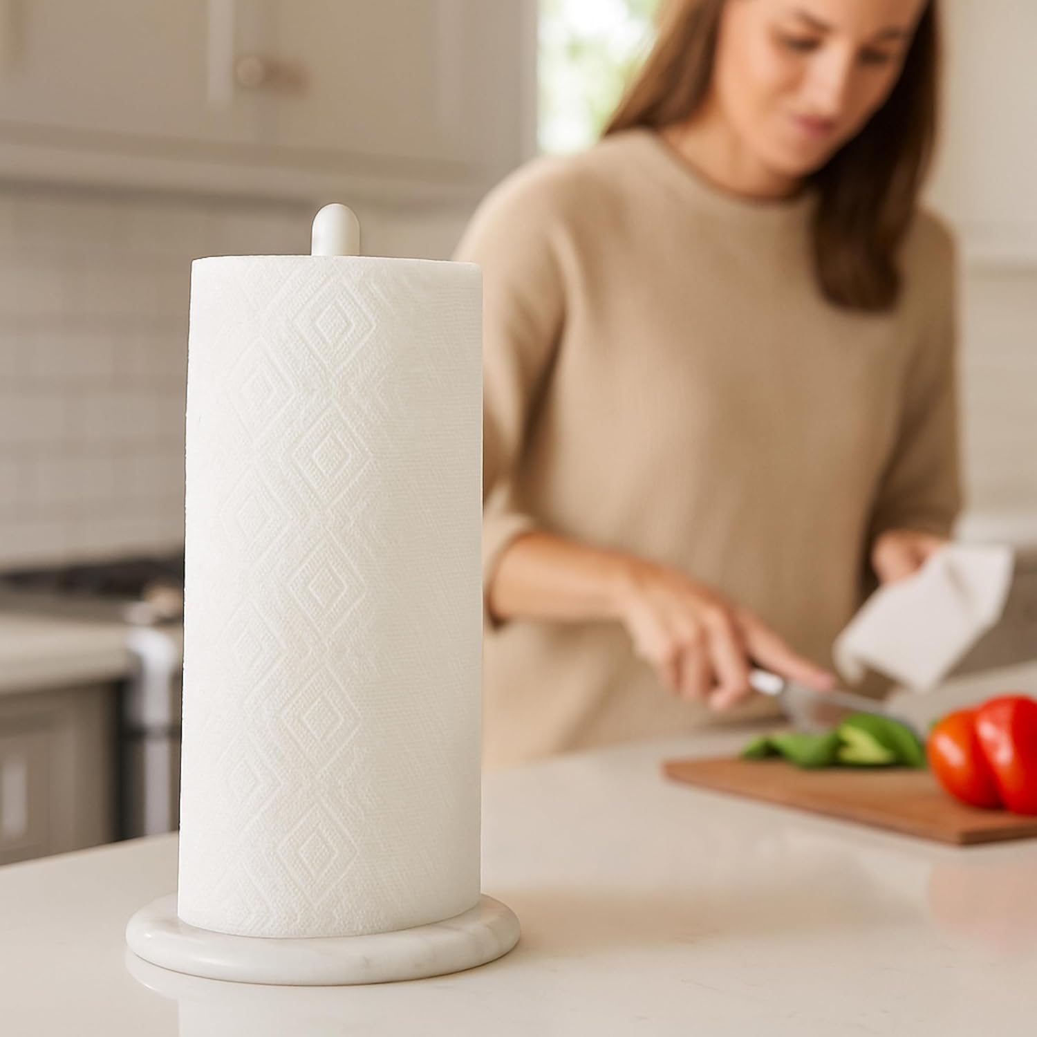 Creative Home Natural Marble Base Paper Towel Holder Countertop, Stable Roll Dispenser with Powder Coated Pole for Kitchen Bathroom, Elegant Organization Décor, 5.5 D x 12.6 H Inch, White