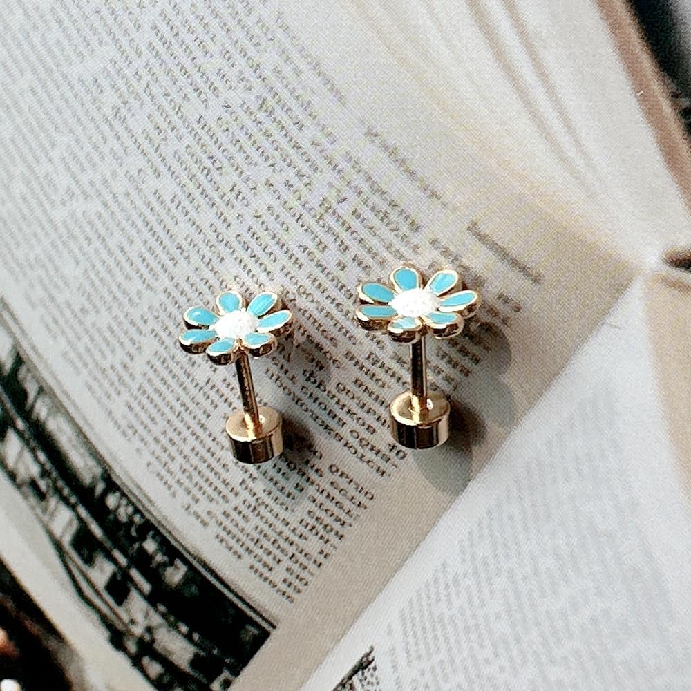 18G Cute Daisy Flower Flat Screw Back Tiny Stud Earrings for Stainless Steel Gold Plated Women Ladies Dainty Enamel Floral Studs Sleeper Tragus Post Hypoallergenic Piercing Fashion Jewelry - Image 4