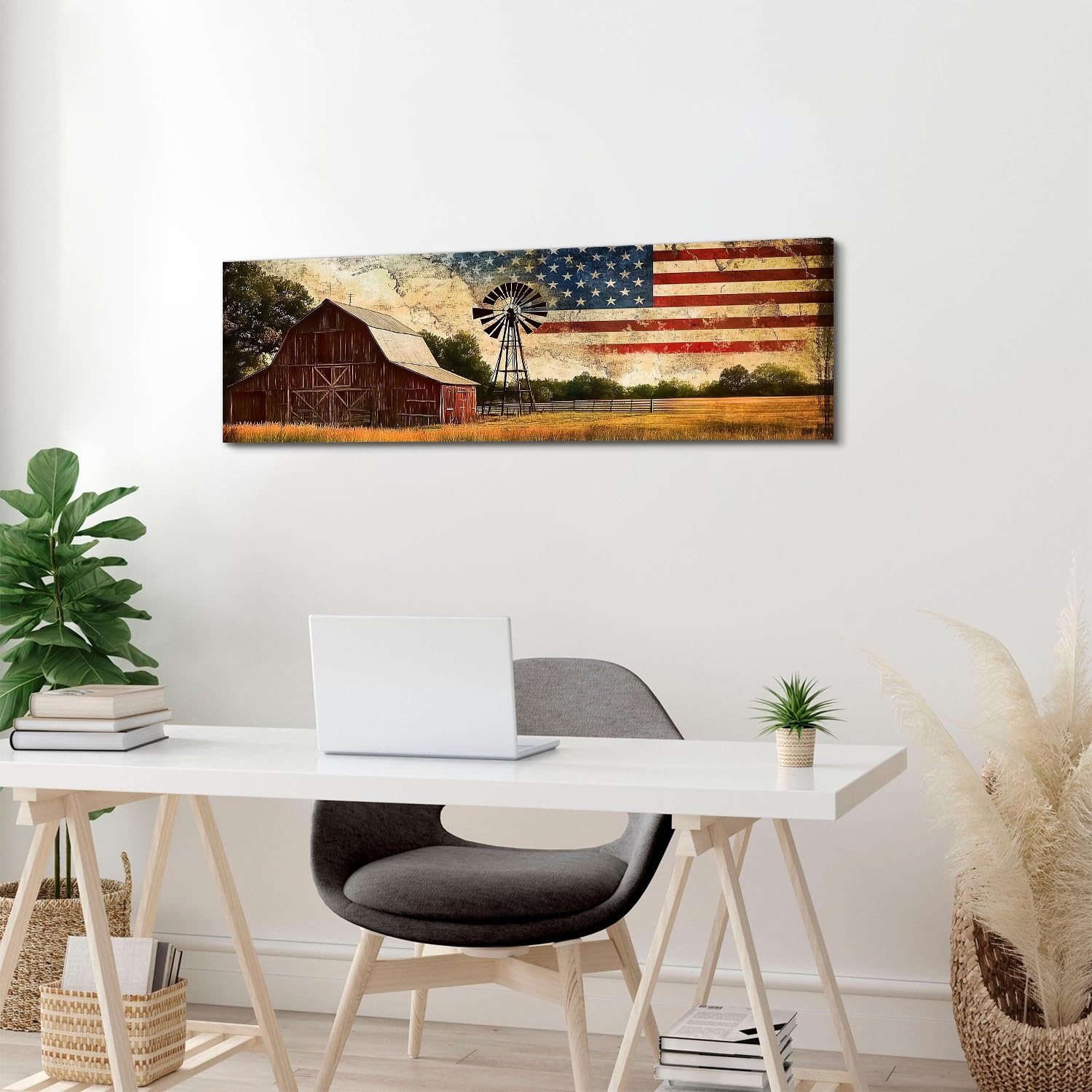 Farmhouse Barn Wall Art Vintage Country Windmill Pictures Wall Decor for Kitchen Living Room, Western Room Decor Old Barn Landscape Canvas Painting America Flag Poster Prints Artwork Decoration 14x48”