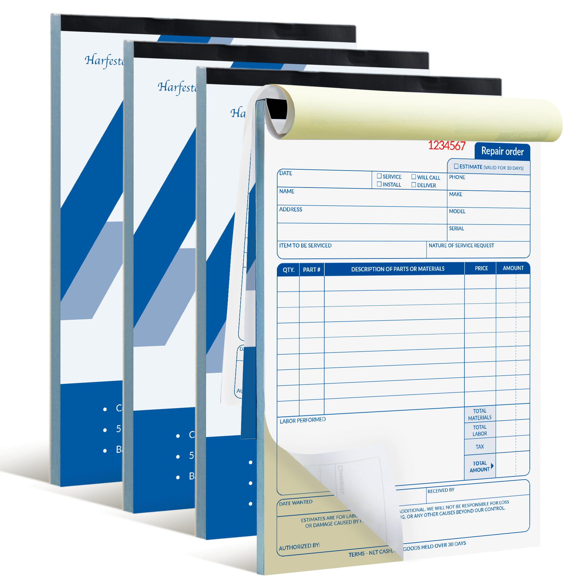 Libro de órdenes de reparación, formularios de órdenes de trabajo autocopiativas de 2 partes, blanco/amarillo, 5-7/10 x 8-1/4 pulgadas, libro de recibos de facturas para pequeñas empresas