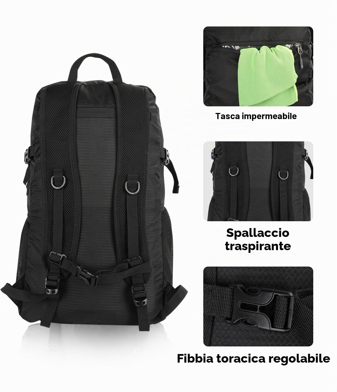 Waterfly Impermeabile Zaino Pieghevole Leggero: 30 Litri Nylon Pieghevoli Zainetto per Donna Uomo Sport Montagna Campeggio Escursionismo Trekking Zaini Ripiegabile