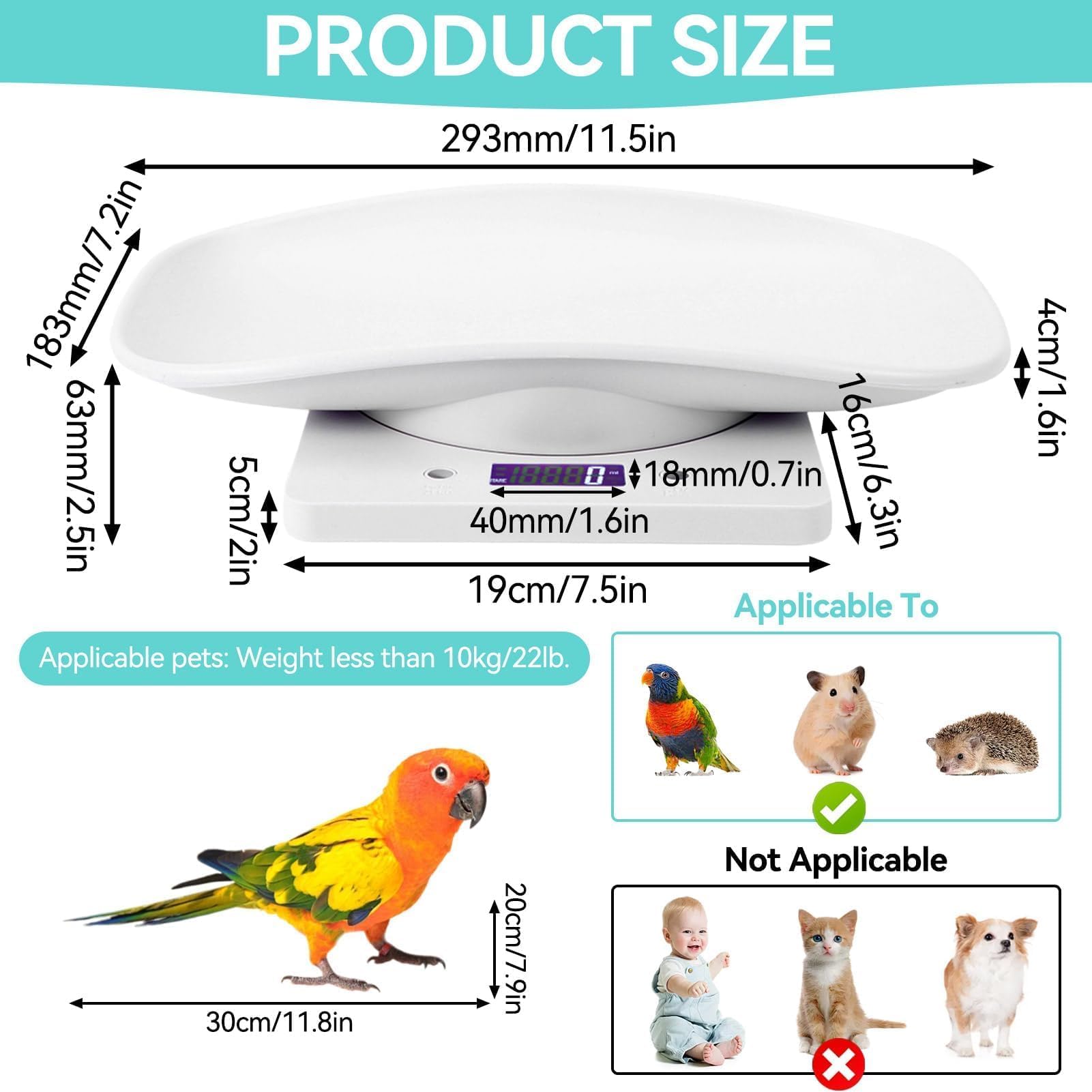 Agatige Báscula De Peso para Mascotas Pequeñas 10kg/1g, Báscula Multifuncional Portátil con Bandeja Extraíble, Báscula Digital LCD Electrónica para Medir Peso del Recién Nacidos Animales (Máx 10 Kg)