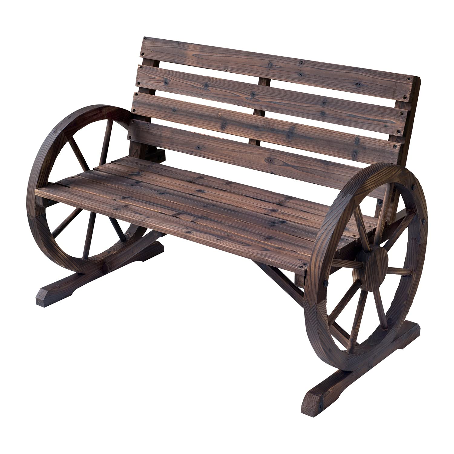 Ni-shoreWooden Wagon Wheel Bench Rustic Outdoor Patio Furniture, 2-Person Seat Bench with Backrest
