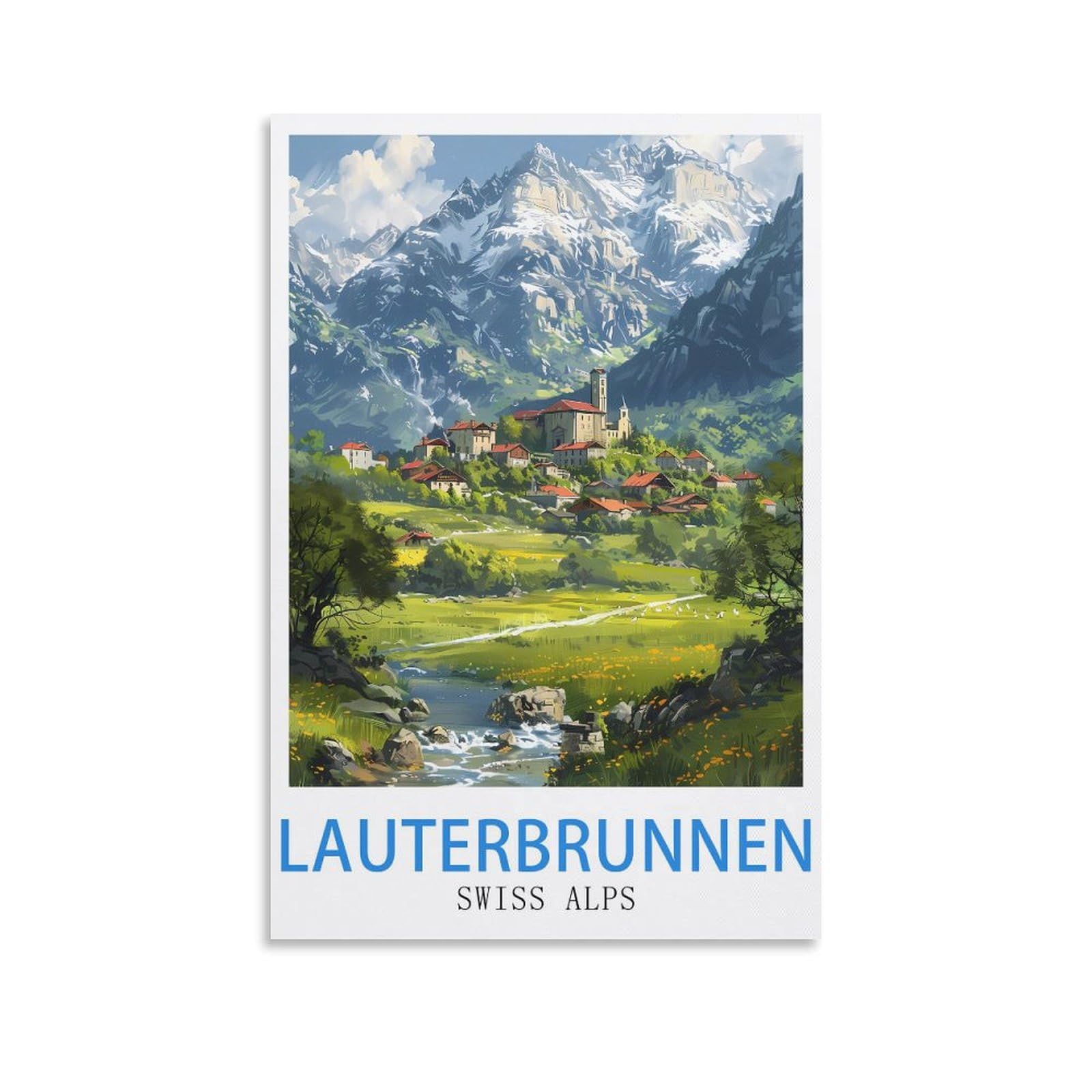 Ynieiluu Unframe-Style Swiss Alps Lauterbrunnen Vintage Travel Posters 24X36inch(60X90cm) Canvas Art Posters Painting Pictures Wall Art Prints, Wall Decor For Bedroom
