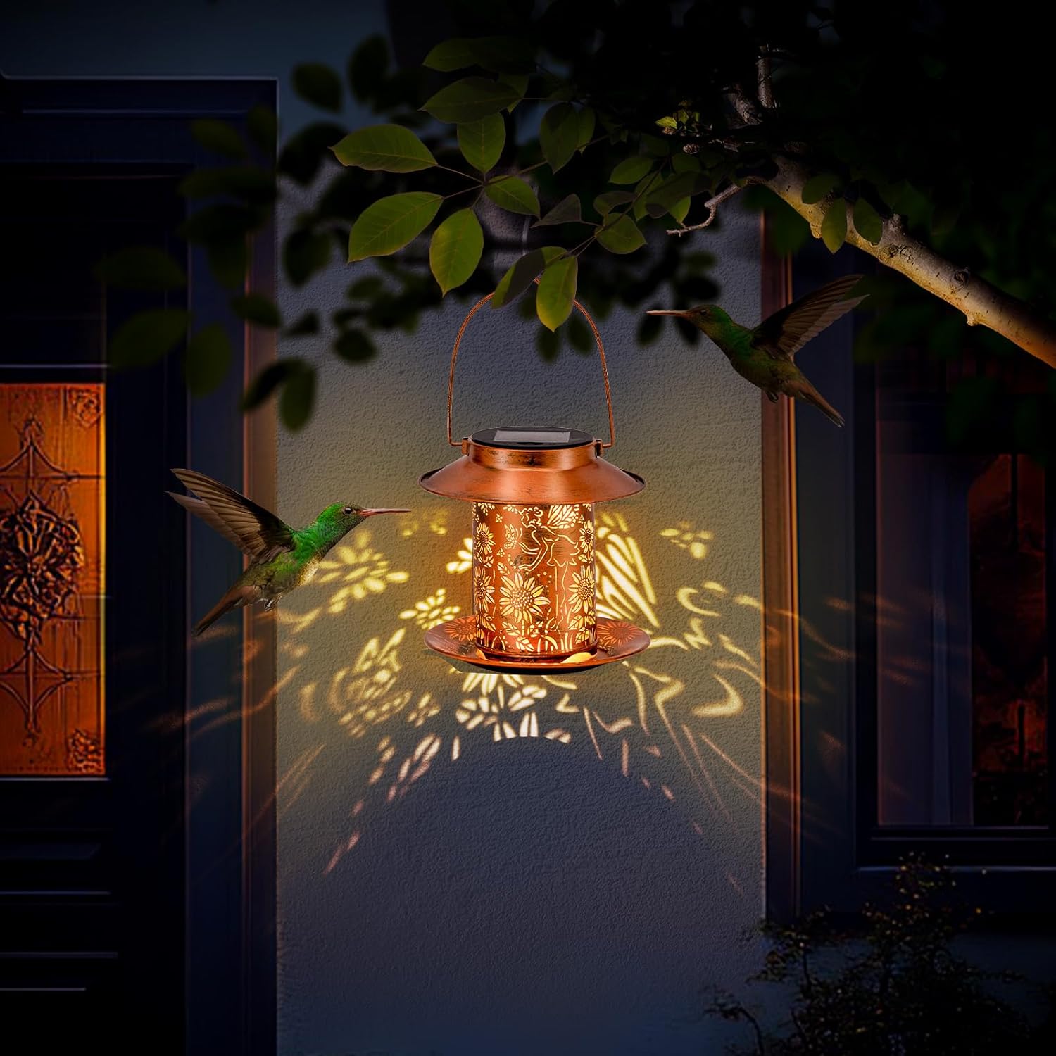 Solar Bird Feeders for Outdoors Garden Decor, Hanging Wild Bird Feeder Solar Lanterns for Outside, Gardening Gifts for Women，Hanging Light Ideal for Gardens, Porches, and Patios