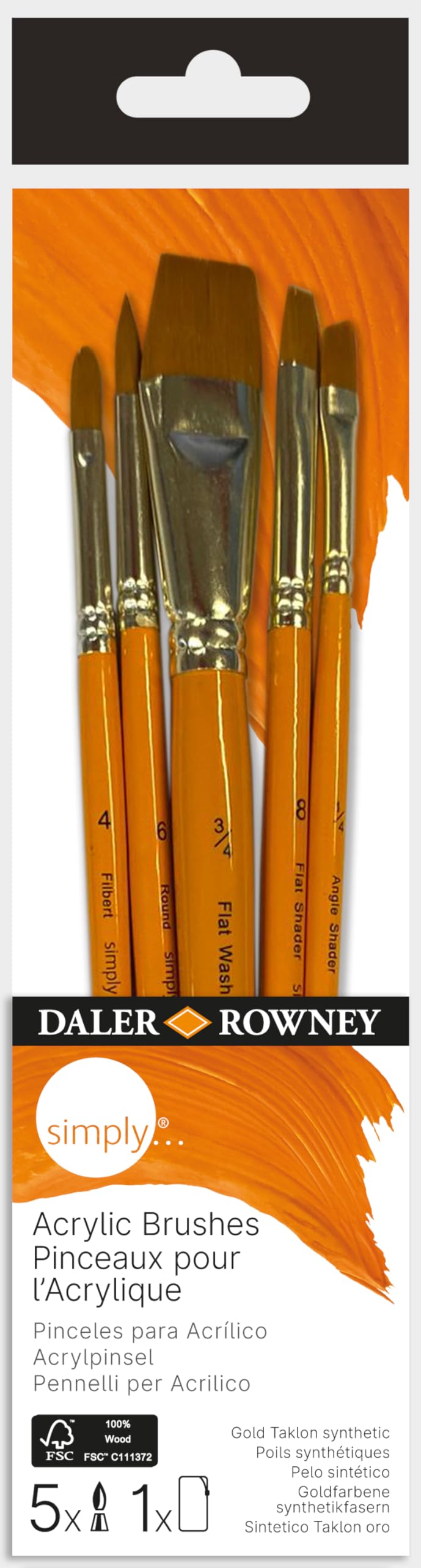 Daler-Rowney Simply Gold Taklon Synthetic Hair Acrylic Brush Set with Short Handles, 5 Assorted Brushes, For Entry-Level Artists & Hobbyists