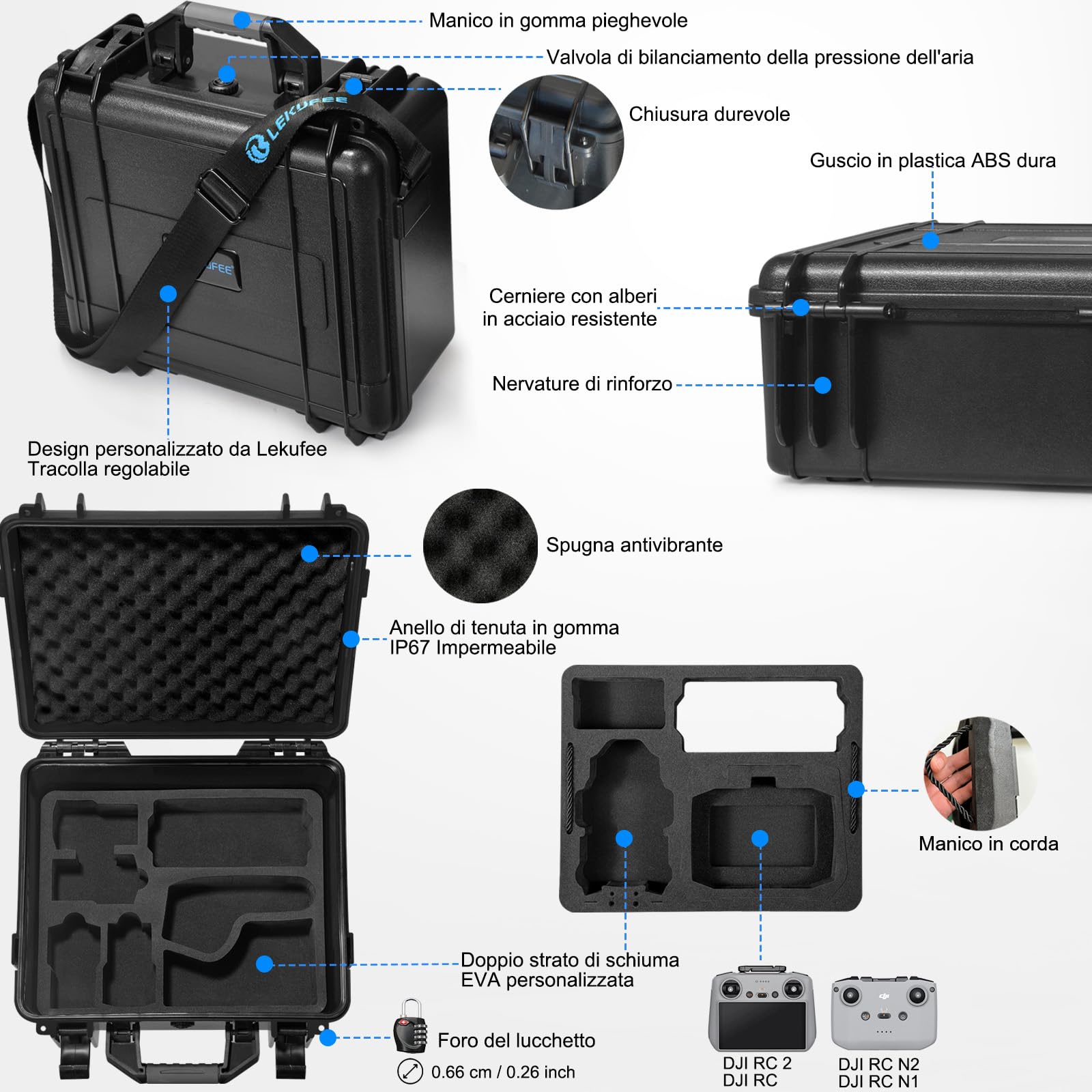 Lekufee Custodia Rigida Impermeabile per DJI Mini 4 Pro/3 Pro/Mini 3 Drone,DJI RC 2/N2/N1,Goggles 3(Non per Goggles N3)/2/Integra, RC Motion 2 e Accessori (Solo Valigia)