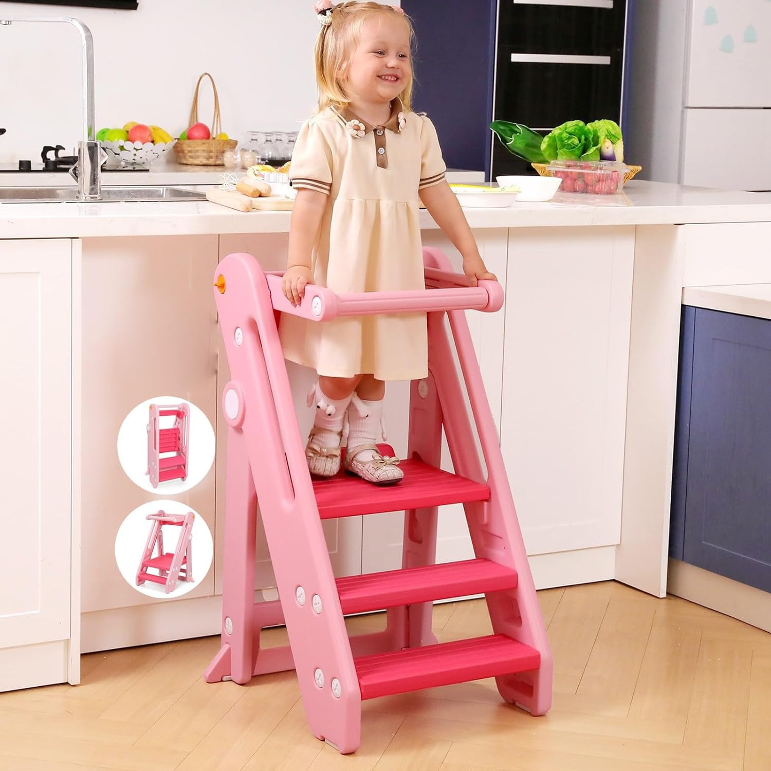XTECH Toddler Tower Kitchen Stool Helper, Foldable & Adjustable Height Kids Learning Stool for Kitchen, Foldable Learning Tower for Children, Counter Bathroom Sink Child Ladder for Toddlers (Pink)