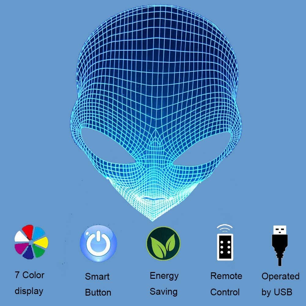 FLYMEI 3D Nightlights for Kids 3D Alien Desk Lamp Unique Night Light for Room Decor 7 Colors Changing USB Powered Touch Button LED Table Lamp - Best Alien Gifts for Kids/Birthdays
