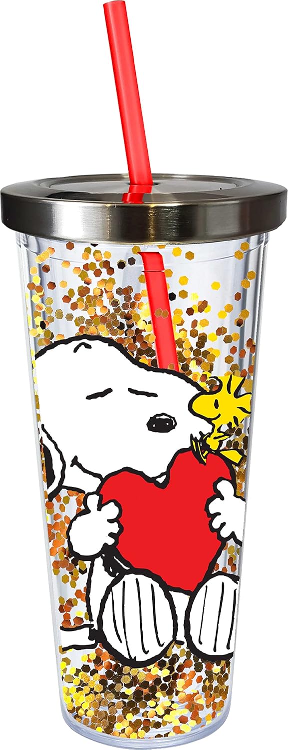 Spoontiques - Glitter Filled Acrylic Tumbler - Glitter Cup with Straw - 20 oz - Stainless Steel Locking Lid with Straw - Double Wall Insulated - BPA Free - Snoopy Drinking Cup