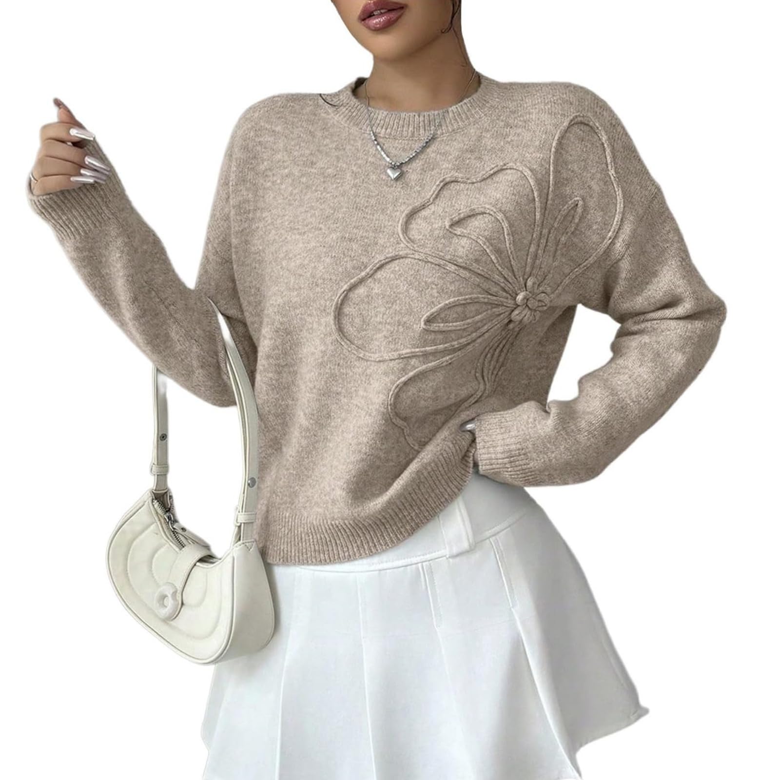 Womens 3D Floral Appliques Crewneck Sweaters Long Sleeve Drop Shoulder Pullovers Elegant Knit Tops