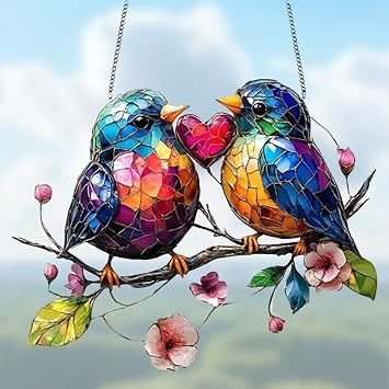 Suncatcher Birds Ornaments, Robin Sun Catchers for Windows, Acrylic Hanging Garden Love Bird Ornaments for Outdoor Garden Home Window Fence Decorations