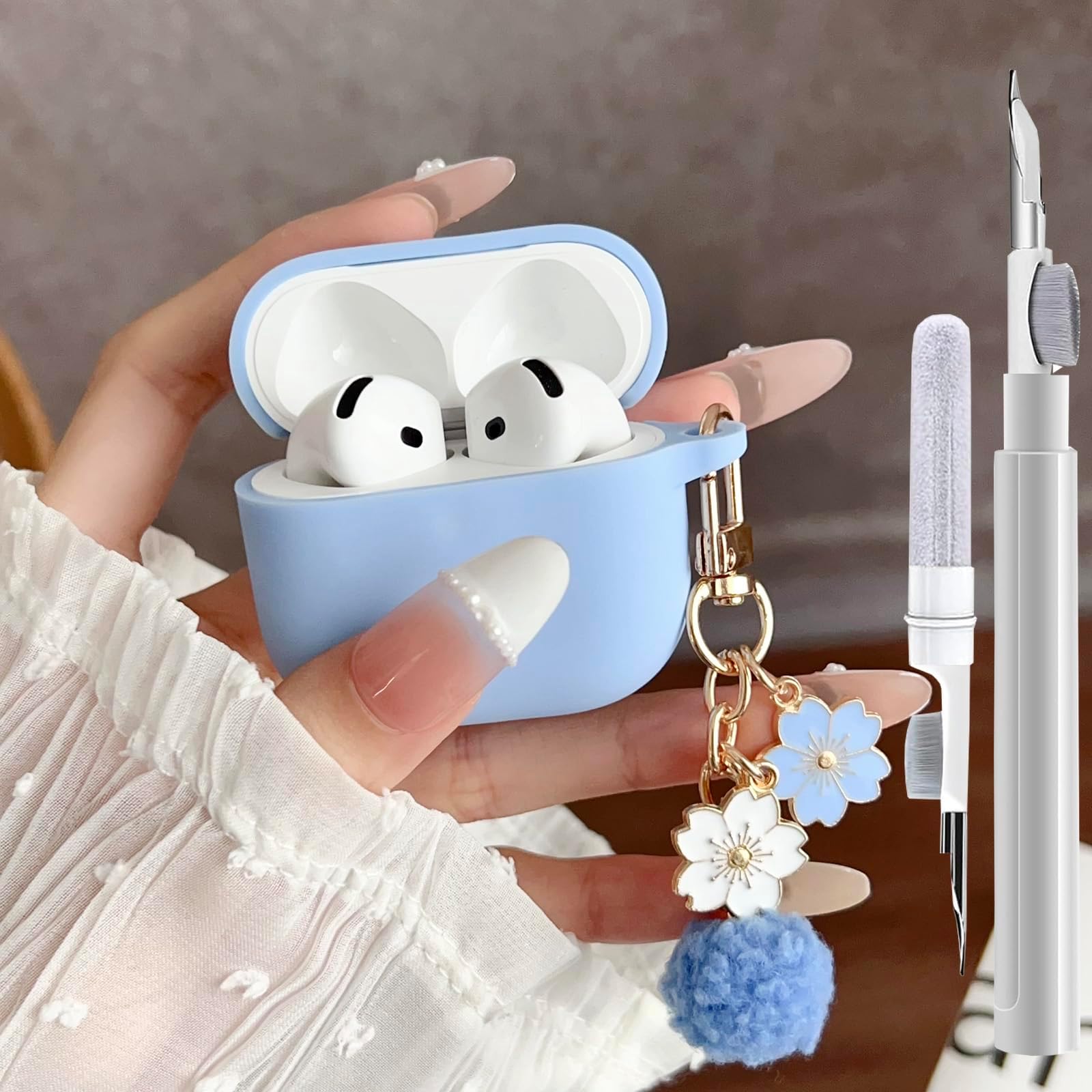 GARTOO Cute Case for Airpods 4 Cover for Girl Women with Pom pom Flower Keychain & Cleaner Kit, Soft Silicone Airpods iPod 4 Gen Protective Cover Skin for Airpod 4 SkyBlue