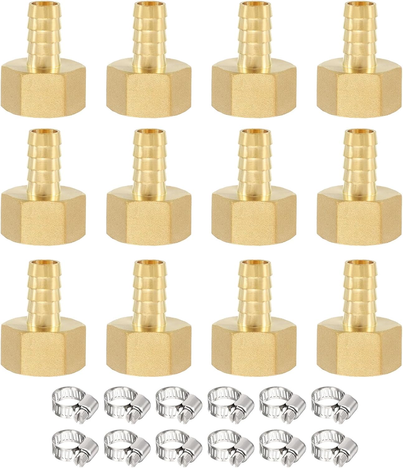 METALLIXITY 12pcs Brass Hose Barb to NPT Female Adapter 1/2" Barb x 3/4" NPT Female with 12pcs Stainless Steel Hose Clamp for Automotive, Motorcycle, Marine, Truck, RV Fuel Systems