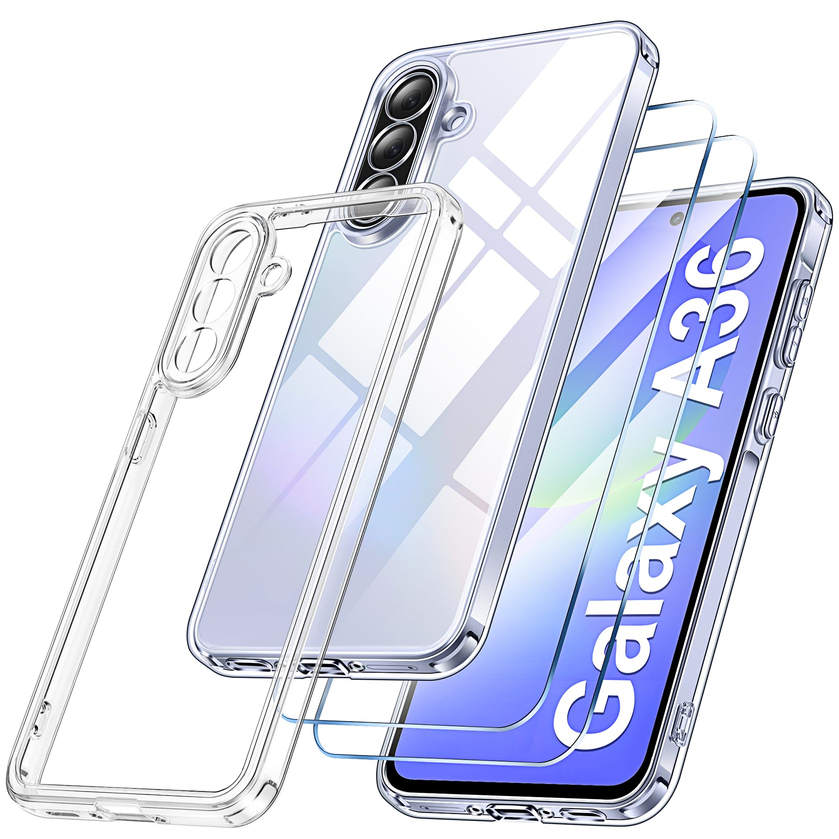 Qasyfanc Mobile Phone Case Compatible with Samsung Galaxy A36 5G Case with Camera Protection and 2 Pieces Screen Protector, Hard PC, Never Yellowing, Case, Transparent, Military Protection, Drop