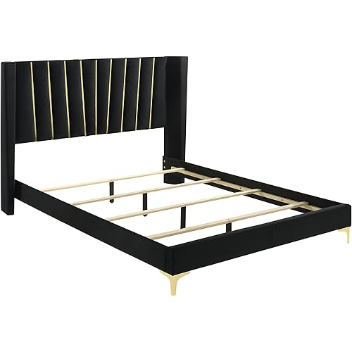 Coaster Home Furnishings Kendall 4-piece Modern Bedroom Set Queen Size Upholstered Bed Frame Channel Tufted Velvet Upholstery Nightstand Dresser Mirror and Chest Black 301161Q-S4