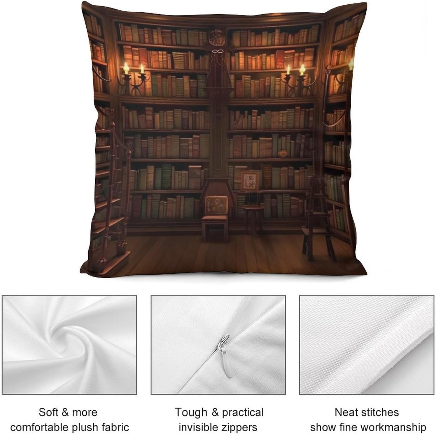 Zippered Pillow Cover, Pillow Protector, Book Room Library Printed Pillow Cover of 4, Pillow Not Included
