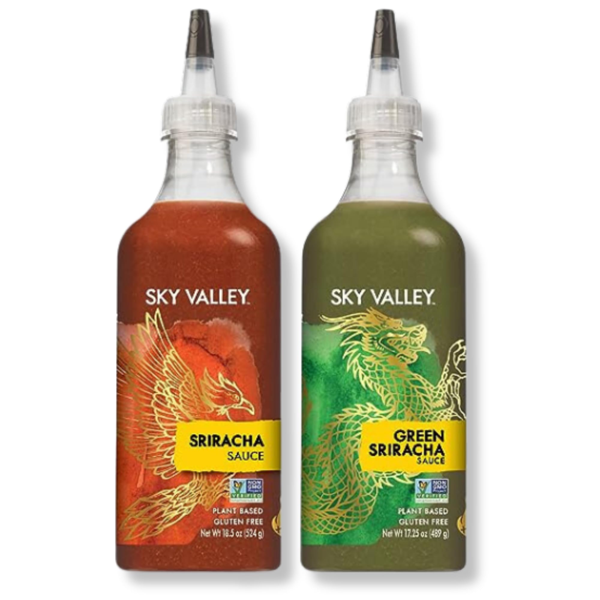 Sky Valley Sriracha Sauce Bundle (Green and Red Sriracha Sauce) - Hot Sauce, Lime, Red Jalapeno Peppers, Vegan, Gluten Free, Non-GMO, Low Sugar, 5 Calories per Serving - Variety, 18.5 Oz, (Pack of 2)