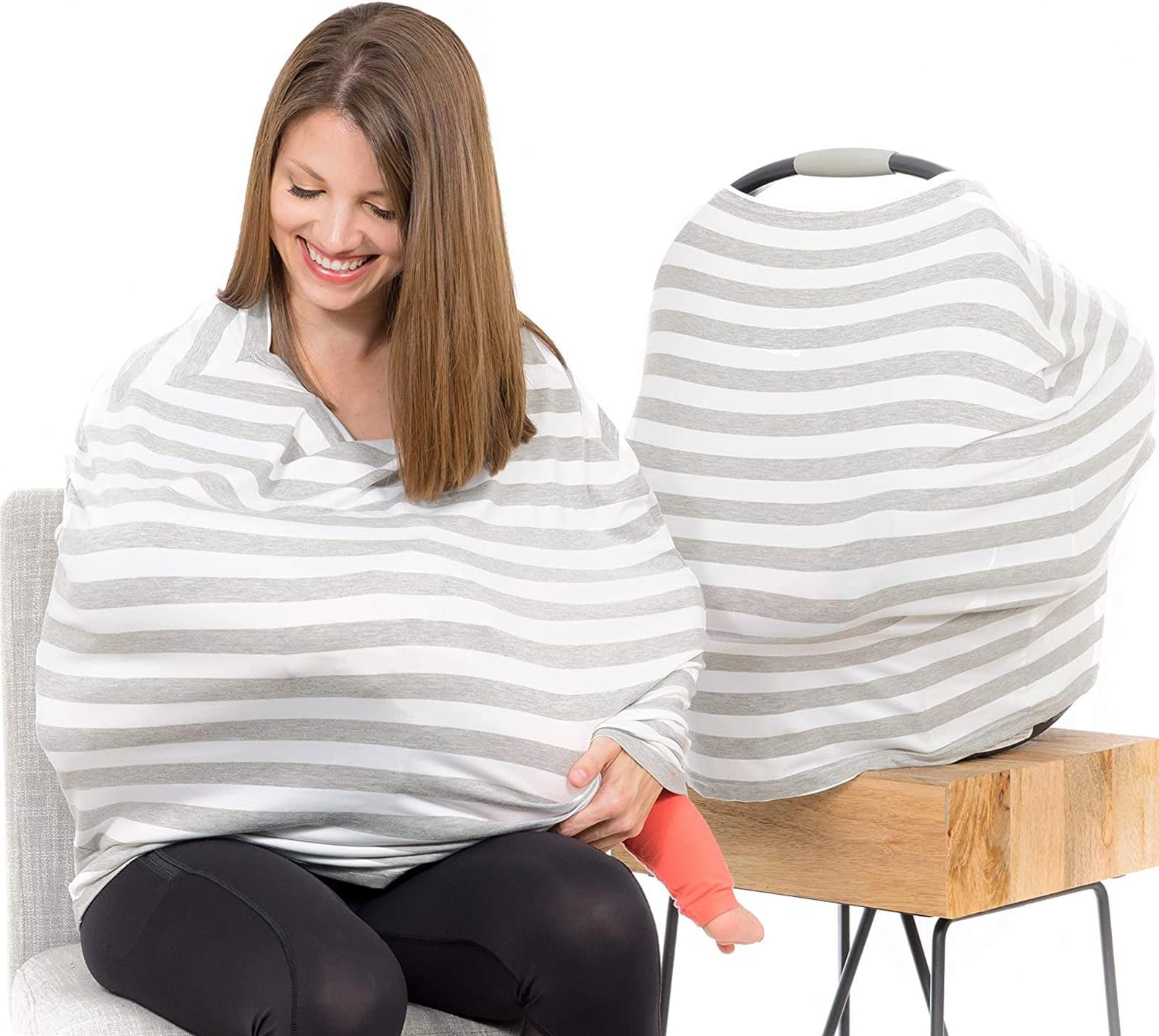 Car Seat Canopy and Nursing Cover | Multiuse - Soft and Stretchy Fabric Easily Covers High Chairs, Shopping Carts, Car Seats | Bonus Infant Baby Beanie and Bag (Grey and White)