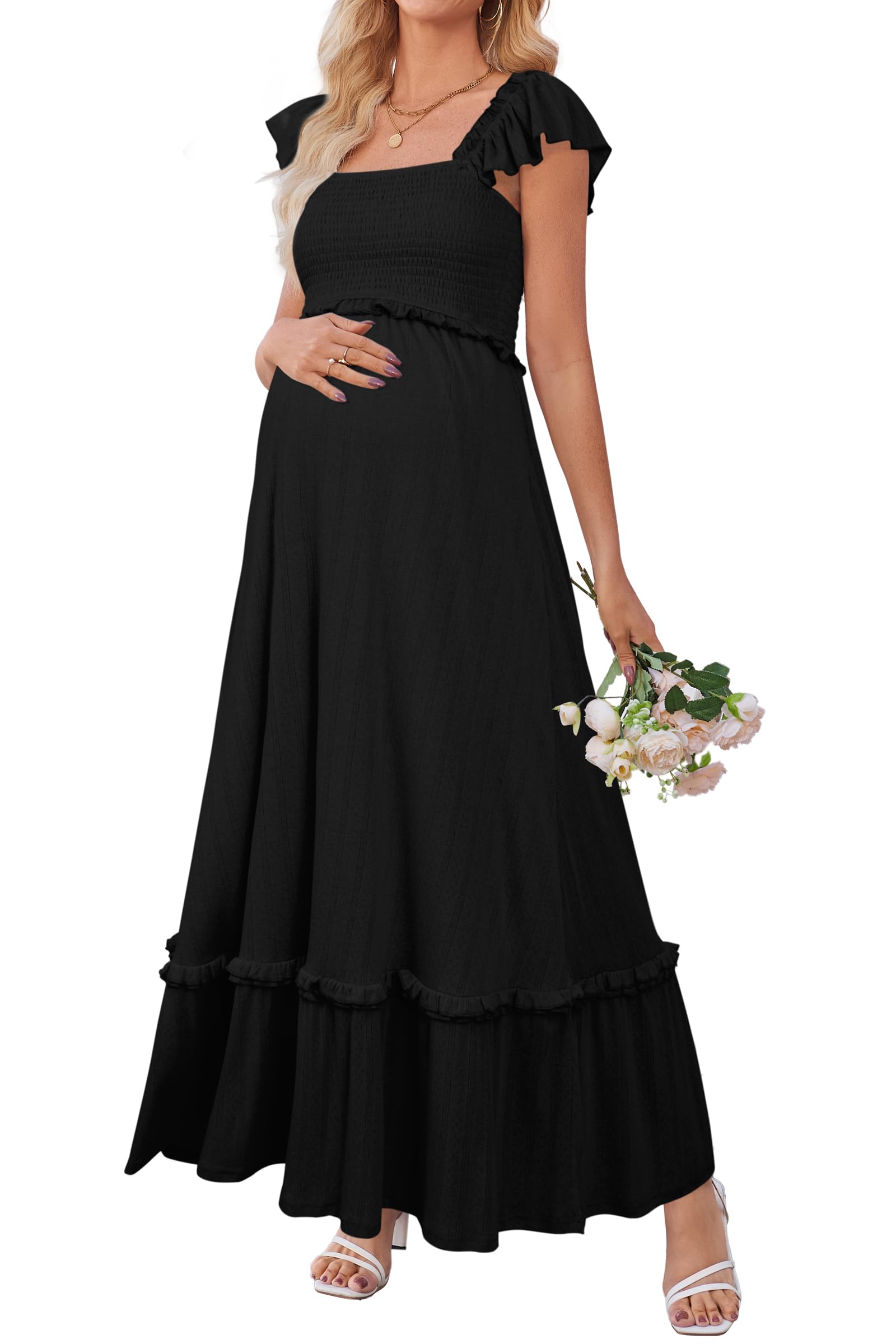 OUGES Donna Estate maternità Photoshoot Dress Boho Maxi Smocked Baby Shower Dress