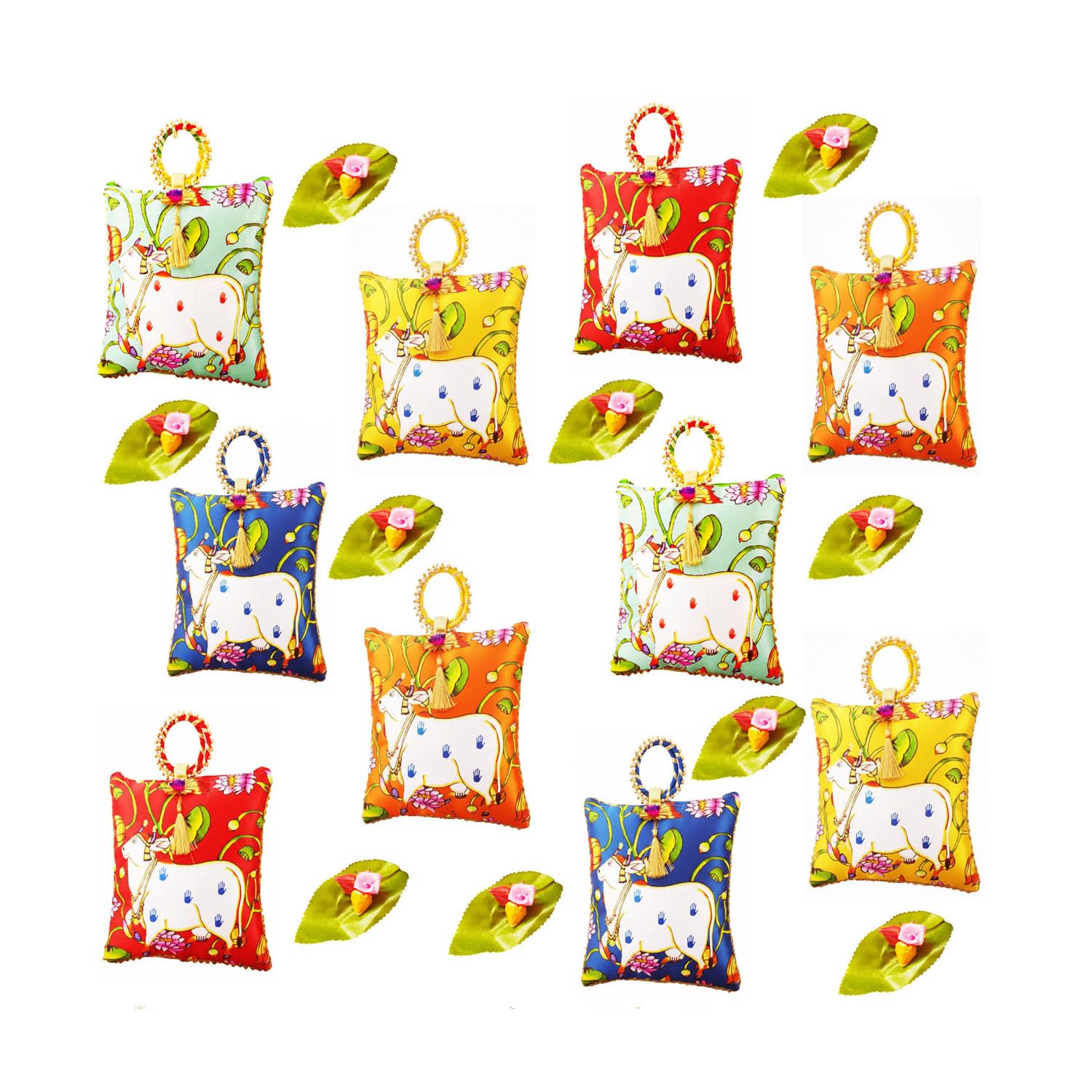 traditional potli gift bags with zip & bangle handle–pack of 10 – with leaf & haldi kumkum pouches (10 sets) |cow design | return gift bags for pooja, weddings & functions