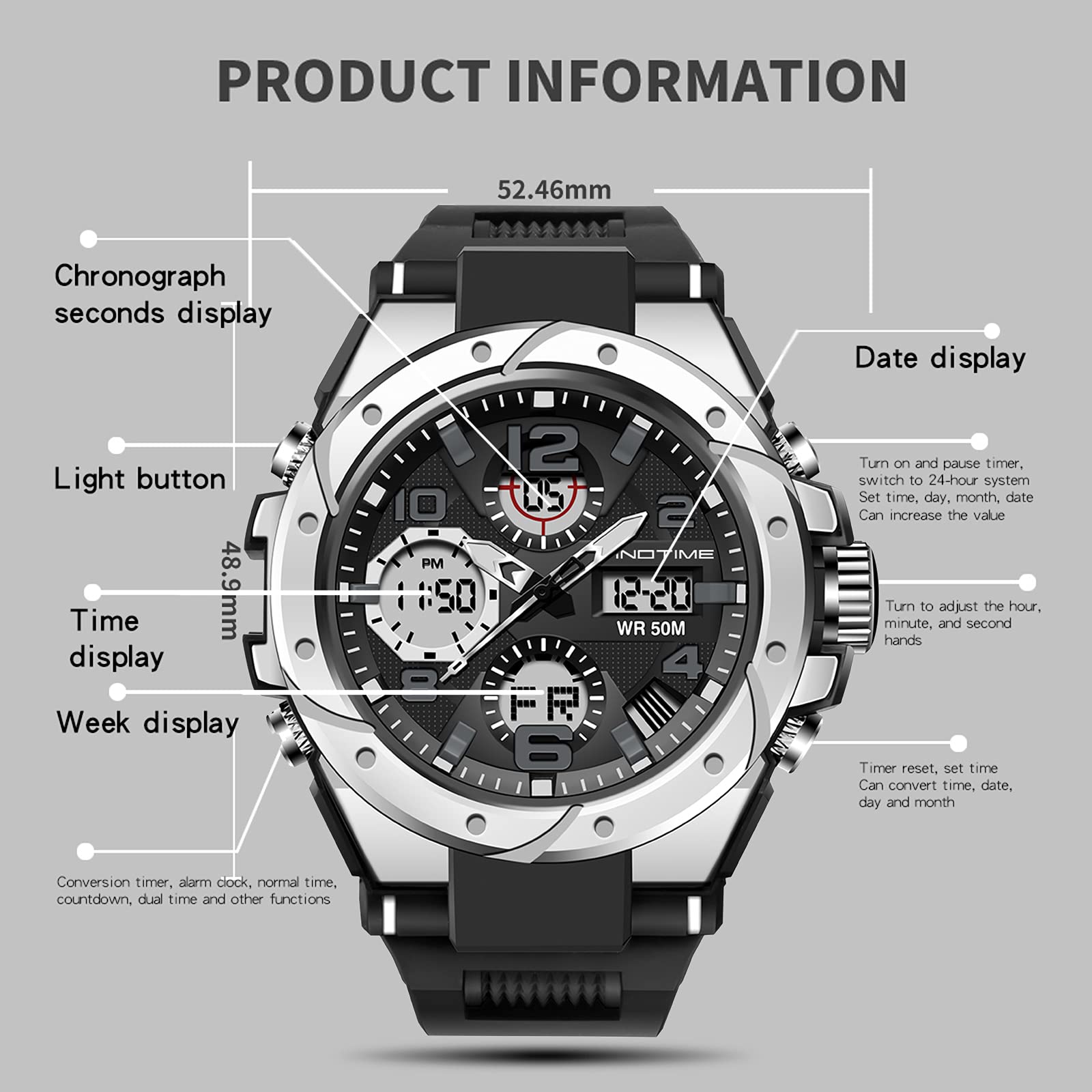 findtime Reloj Deportivo táctico Militar para Hombre con Esfera Grande, cronómetro, Alarma, visualización analógica de Doble Hora, retroiluminación, Impermeable para Exteriores